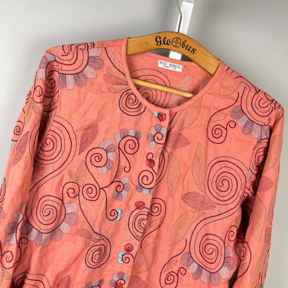 Russ Berens Malibu Linen Blend Shirt Top Womens L Embroidered Boho Artsy